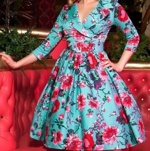 Pinup Couture Floral Birdie Dress Teal S *Read